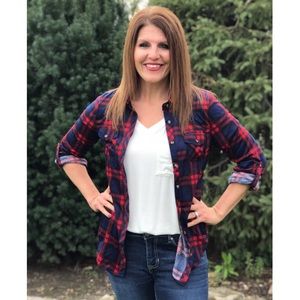Navy & Red Plaid Button Down Top